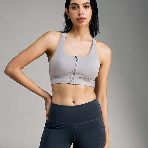 Women Mid Impact Zip Sports Bra with Removable Pads Grey