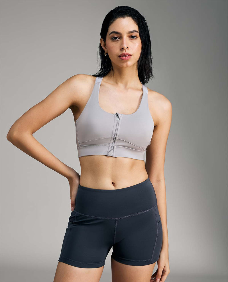 Women Mid Impact Zip Sports Bra with Removable Pads Grey