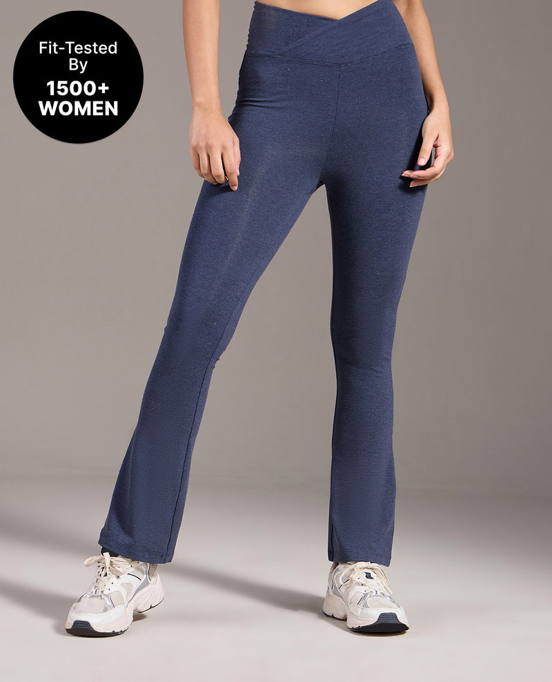 Criss-Cross Cotton Flare Pants Navy Blue