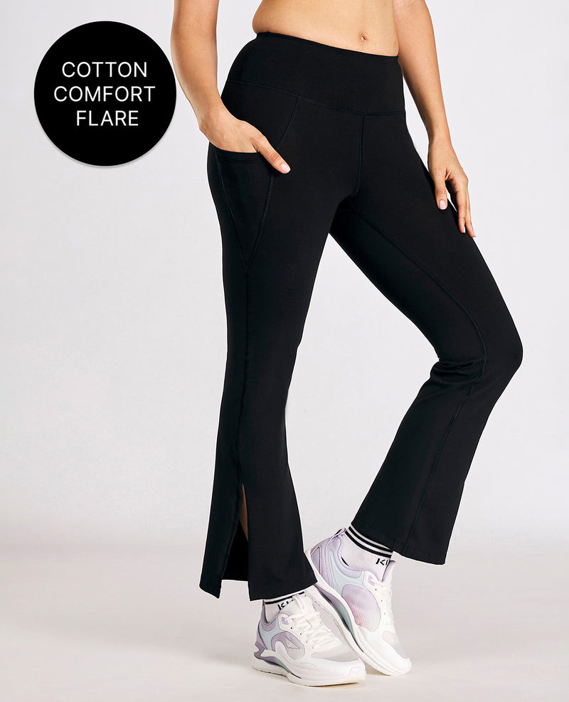 Women High Waist Cotton Side Slit Flared Pants Black