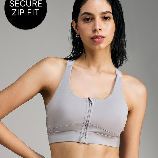 Front-Zip Mid-Impact Sports Bra with Removable Pads Grey
