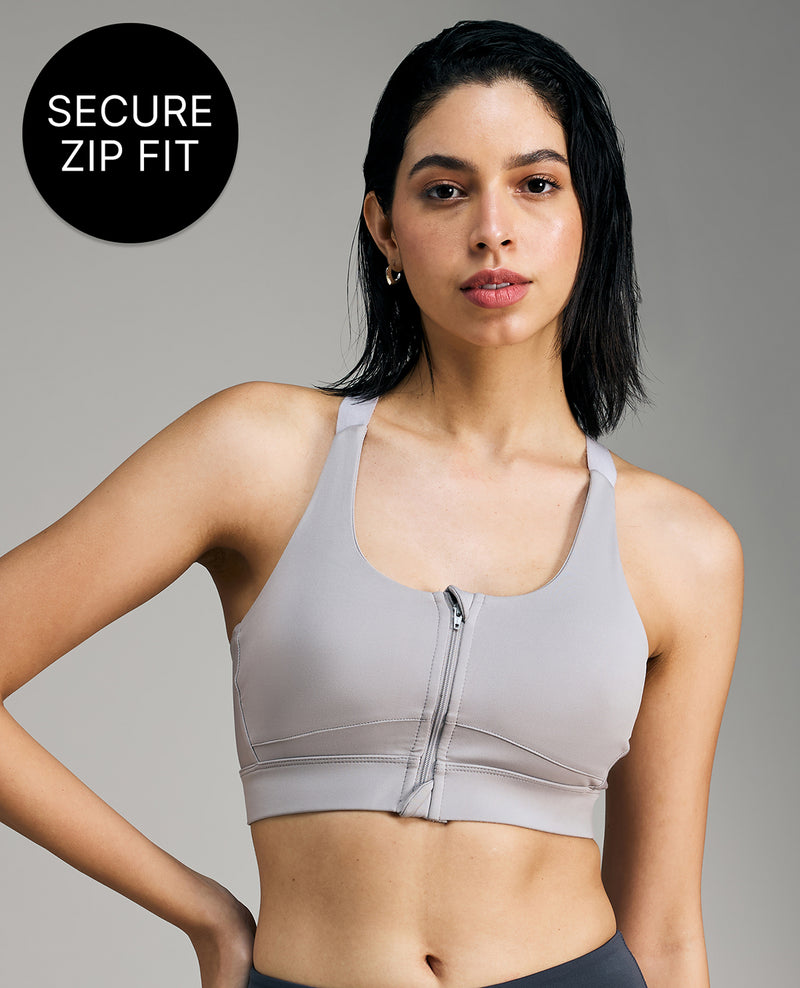 Front-Zip Mid-Impact Sports Bra with Removable Pads Grey