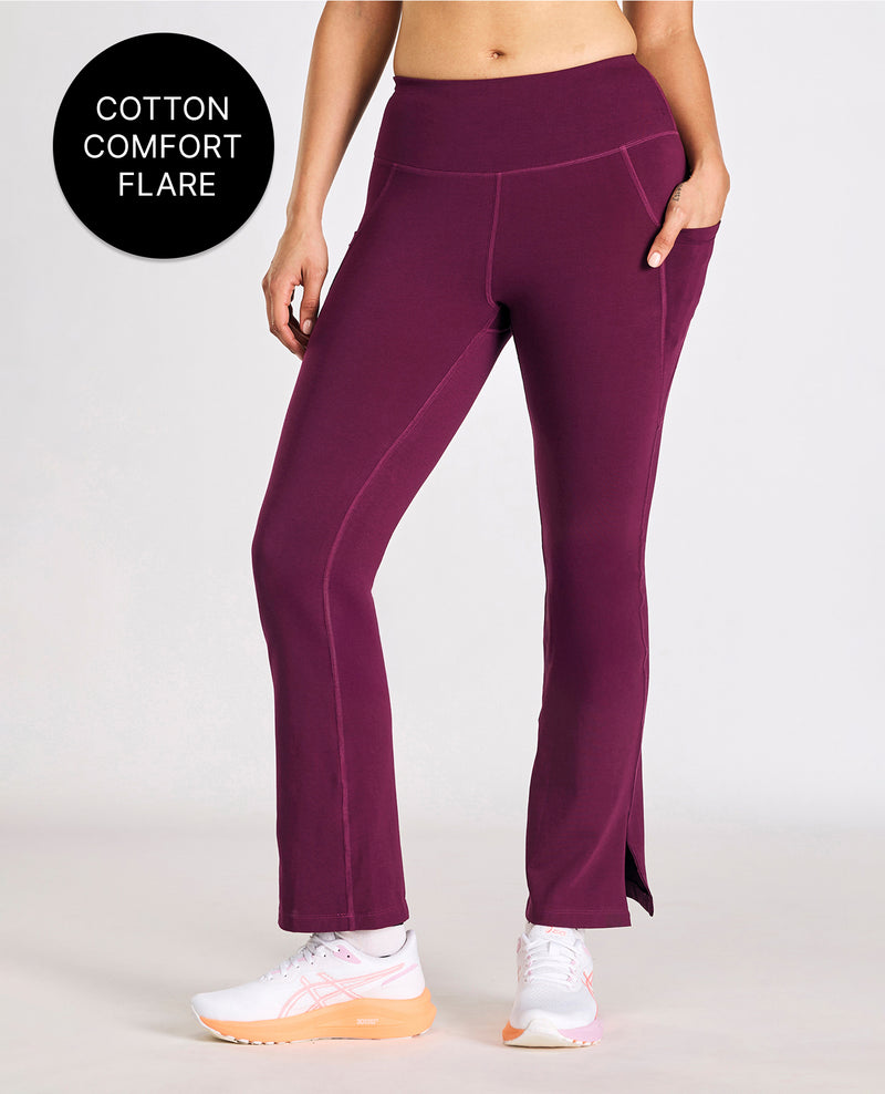 Women High Waist Cotton Side Slit Flared Pants Burgundy