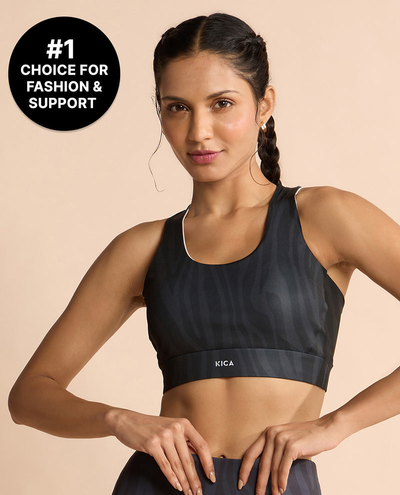 Fashionable Strappy Sports Bra with Removable Pads Animal Print Black