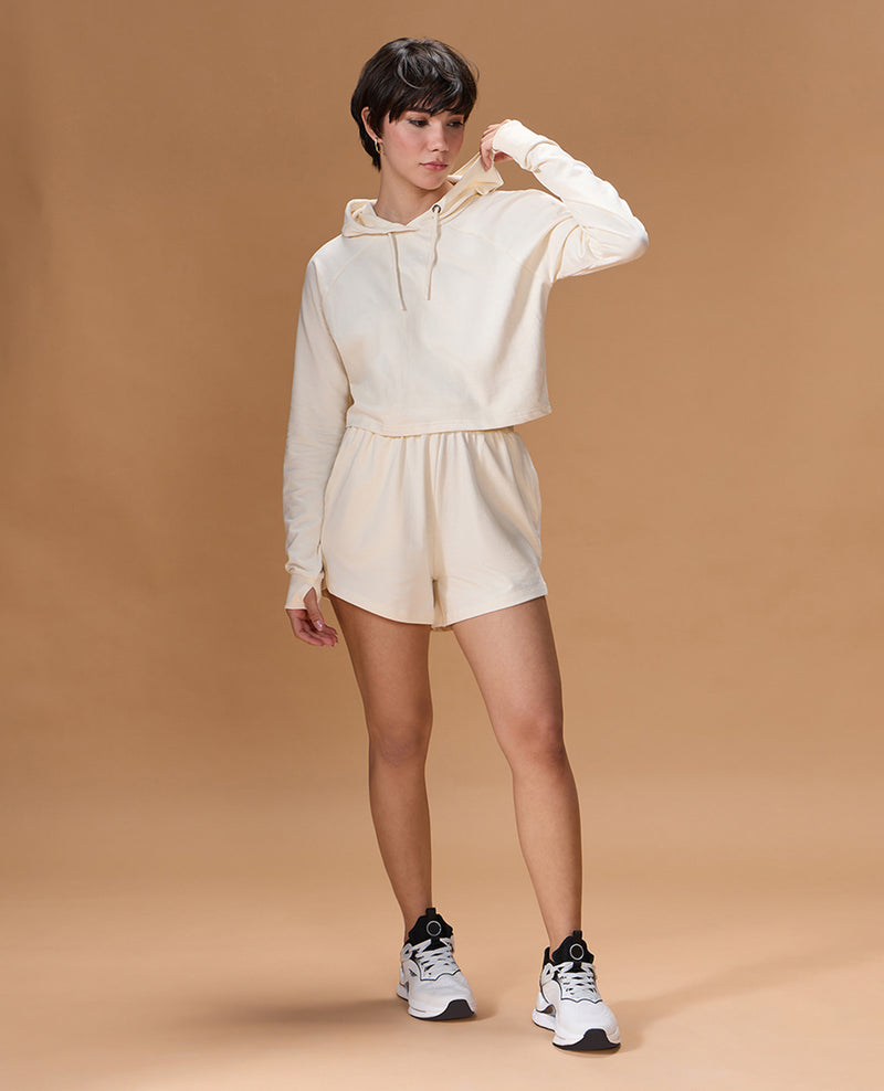 Cropped Cotton Terry Hoodie and Mid Rise Shorts White