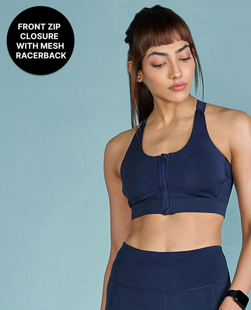 Kica Front Zip Sports Bra with Removable Pads Navy Blue