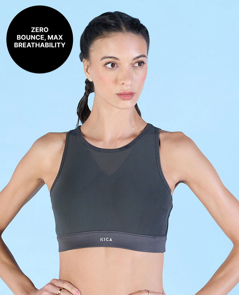 Kica Women High Impact & Full Coverage Mesh Sports Bra Grey