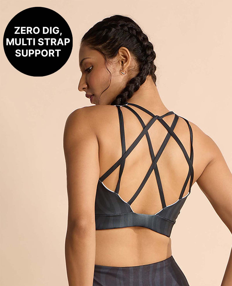 Fashionable Strappy Sports Bra with Removable Pads Animal Print Black