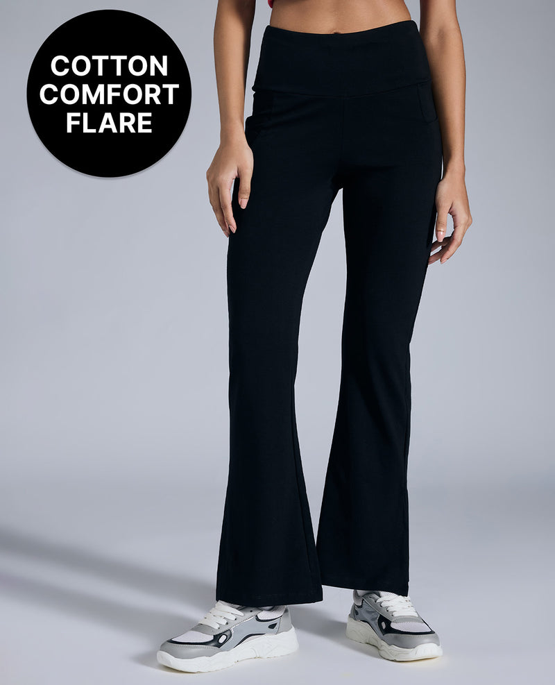 Women High Waist Cotton Side Slit Flared Pants Black