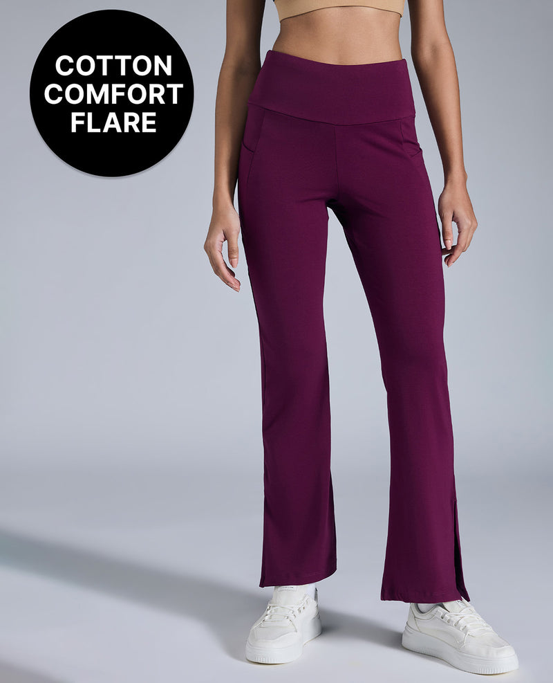 Women High Waist Cotton Side Slit Flared Pants Burgundy