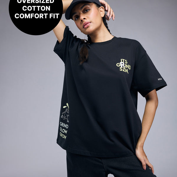 Cotton Oversized Printed Graphic T Shirt - KIC012 Black