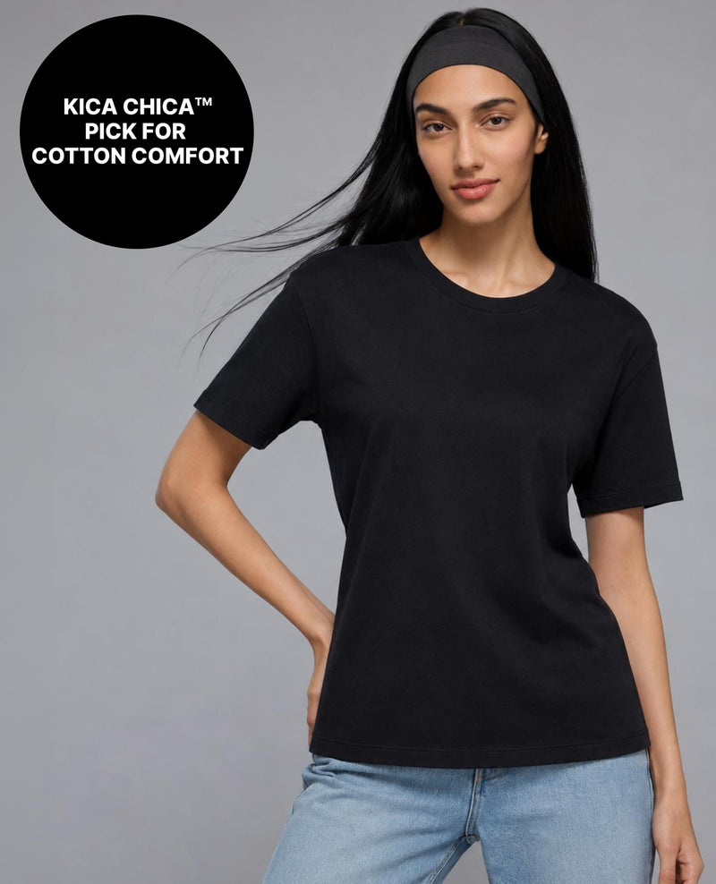 100% Cotton Graphic T-Shirt with Curved Hem & Side Slits KIC034 Black