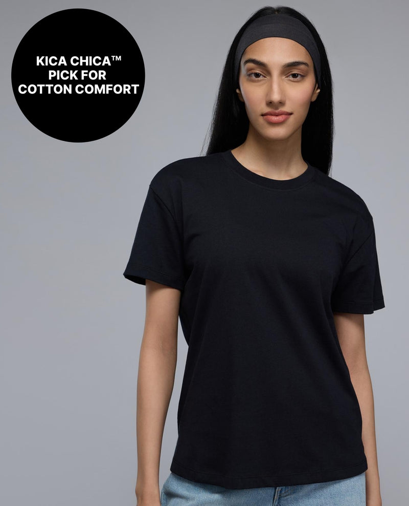 100% Cotton Graphic T-Shirt with Curved Hem & Side Slits KIC034 Black