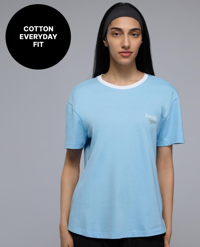 100% Cotton Graphic T-Shirt with Curved Hem & Side Slits KIC034 Blue