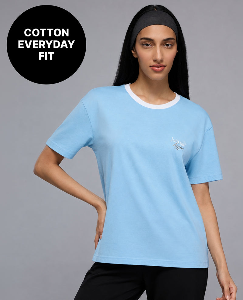 100% Cotton Graphic T-Shirt with Curved Hem & Side Slits KIC034 Blue
