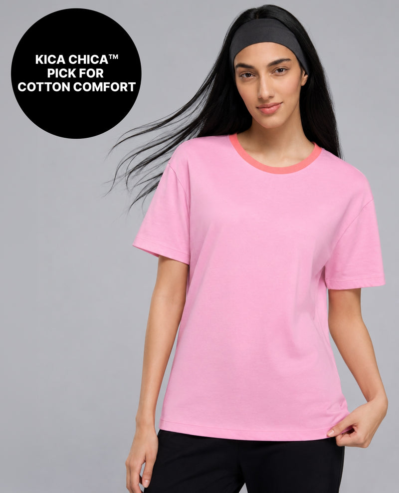100% Cotton Graphic T-Shirt with Curved Hem & Side Slits KIC034 Pink