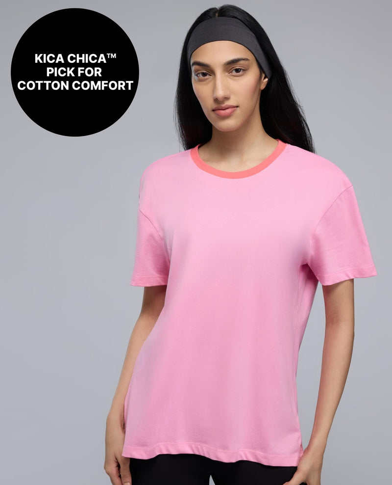 100% Cotton Graphic T-Shirt with Curved Hem & Side Slits KIC034 Pink