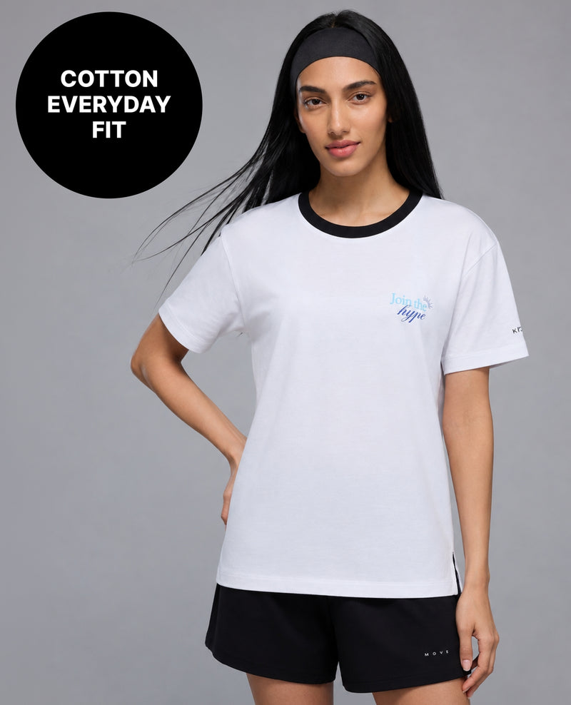 100% Cotton Graphic T-Shirt with Curved Hem & Side Slits KIC034 White