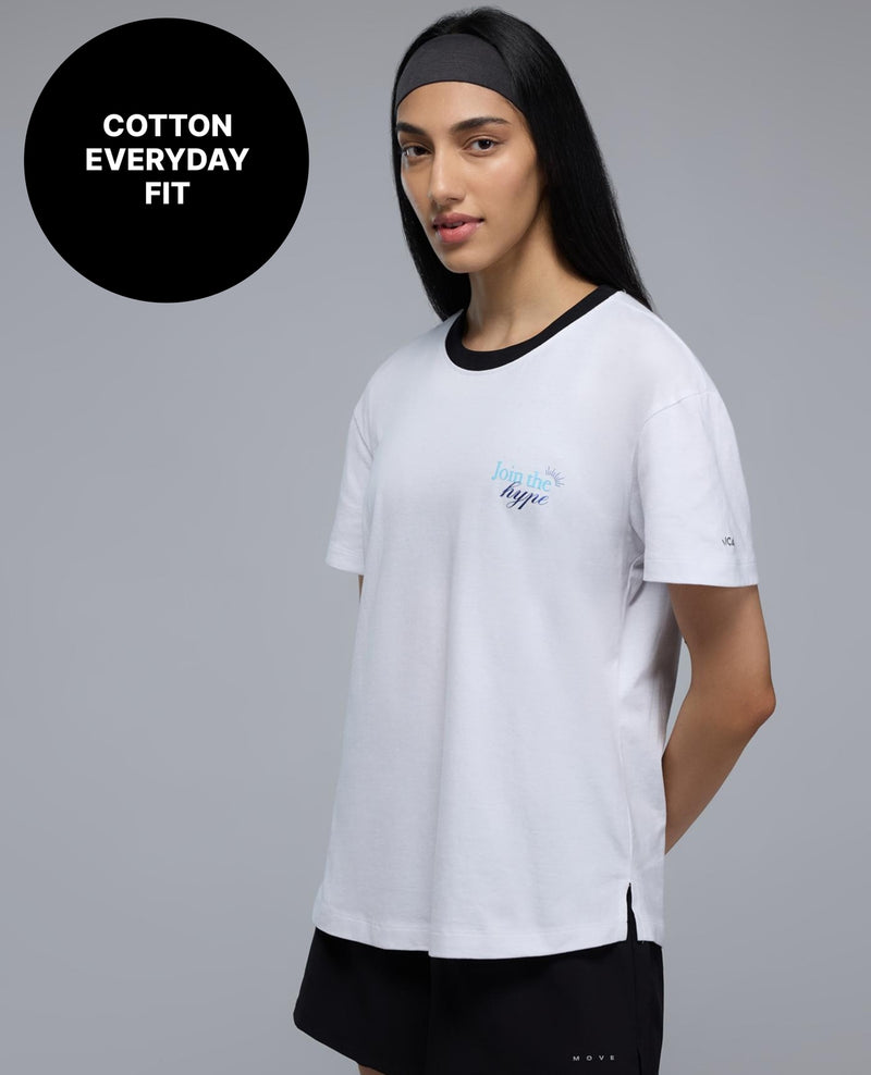 100% Cotton Graphic T-Shirt with Curved Hem & Side Slits KIC034 White