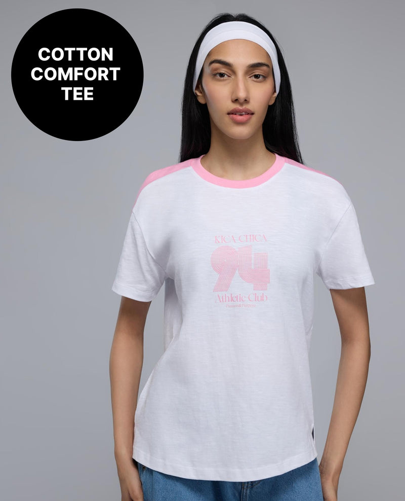 100% Cotton Colorblock Graphic T-Shirt with Curved Hem KIC035 White