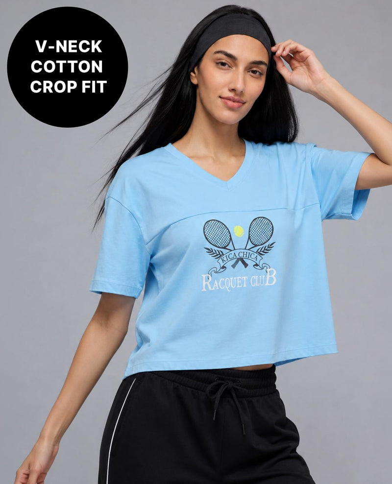 100% Cotton V-Neck Oversized Cropped Graphic Tee KIC036 Blue