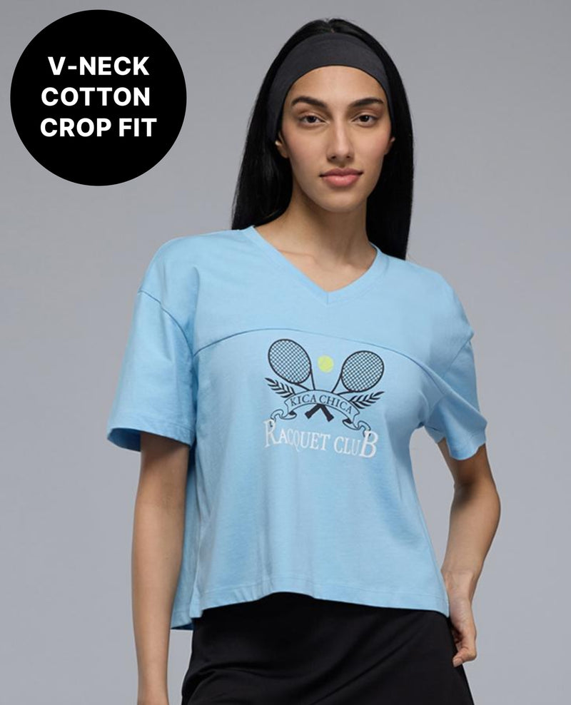 100% Cotton V-Neck Oversized Cropped Graphic Tee KIC036 Blue