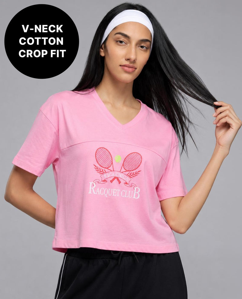 100% Cotton V-Neck Oversized Cropped Graphic Tee KIC036 Pink