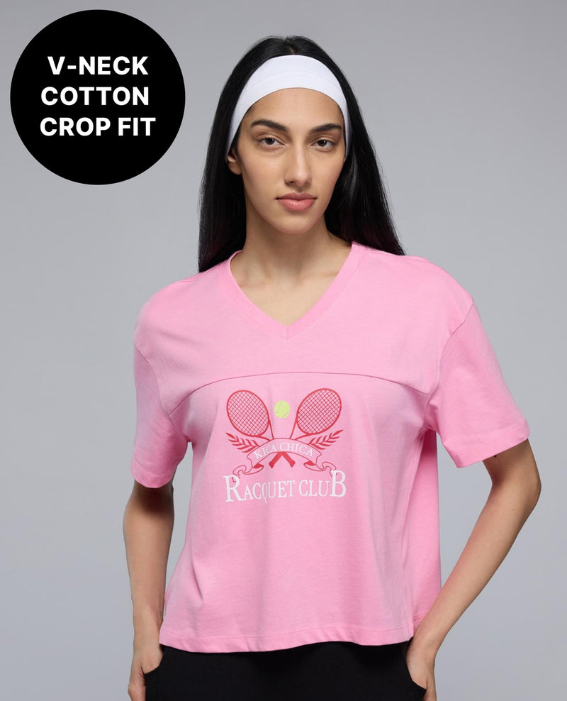 100% Cotton V-Neck Oversized Cropped Graphic Tee KIC036 Pink