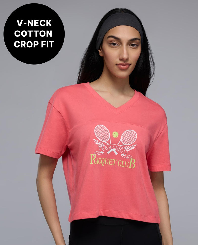 100% Cotton V-Neck Oversized Cropped Graphic Tee KIC036 Red