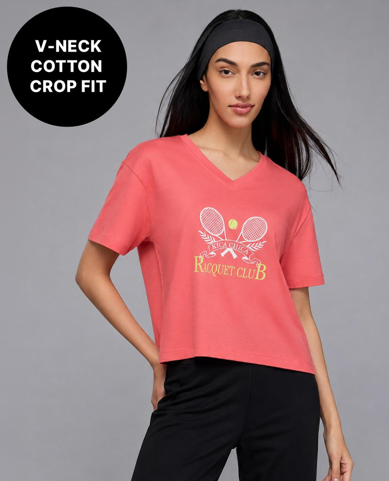 100% Cotton V-Neck Oversized Cropped Graphic Tee KIC036 Red