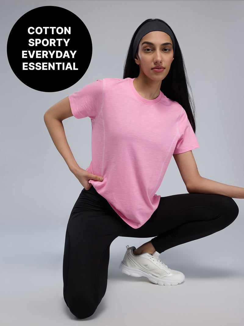 100% Cotton Textured T-Shirt with Sporty Contrast Stitching KIC040 Pink
