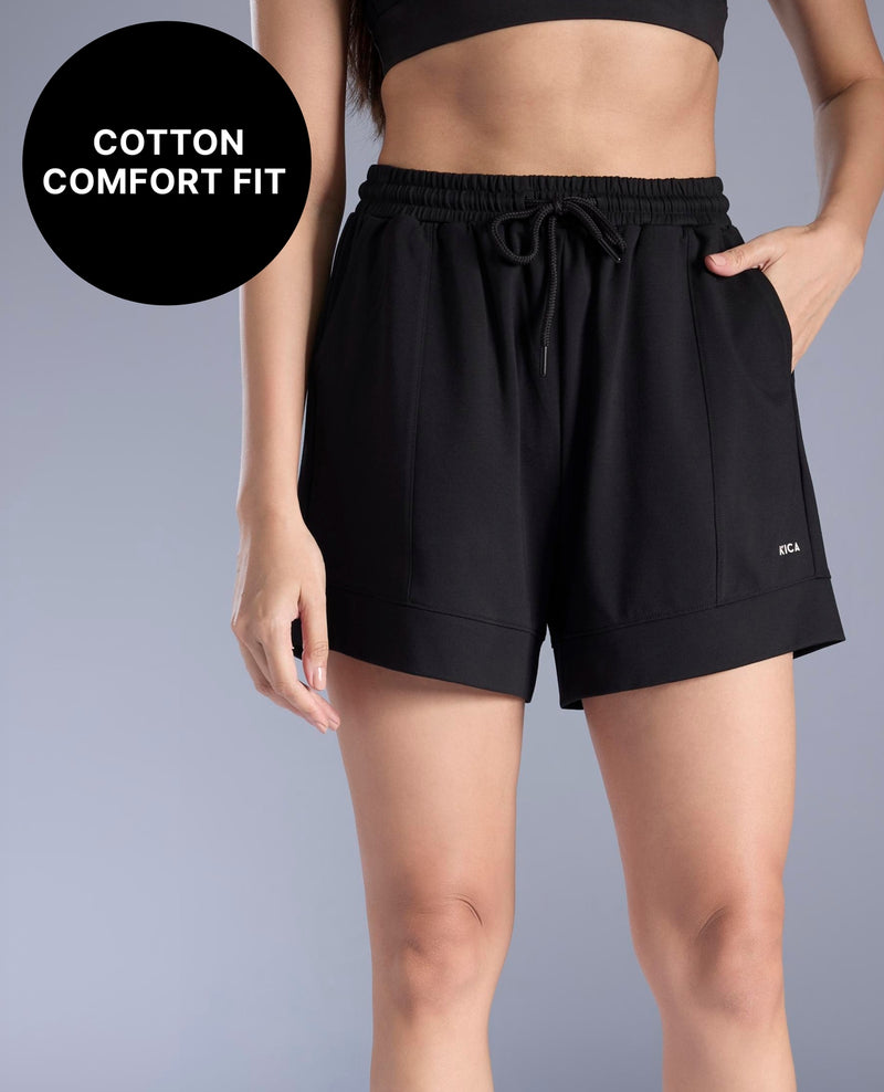 Kica Cotton Breathable Shorts with Pockets & Adjustable Waist KIC413 Black