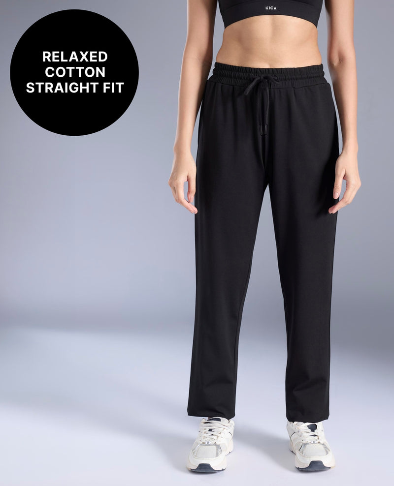 Kica Cotton Straight-Leg Pants With Side Slits, Pockets KIC515 Black
