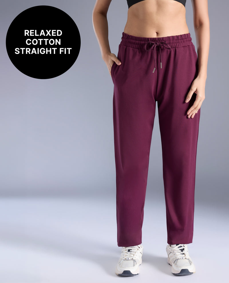 Kica Cotton Straight-Leg Pants With Side Slits, Pockets KIC515 Wine
