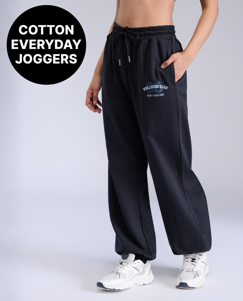 Cotton Terry Joggers with Adjustable Waist & Side Pockets-KIC519 Black