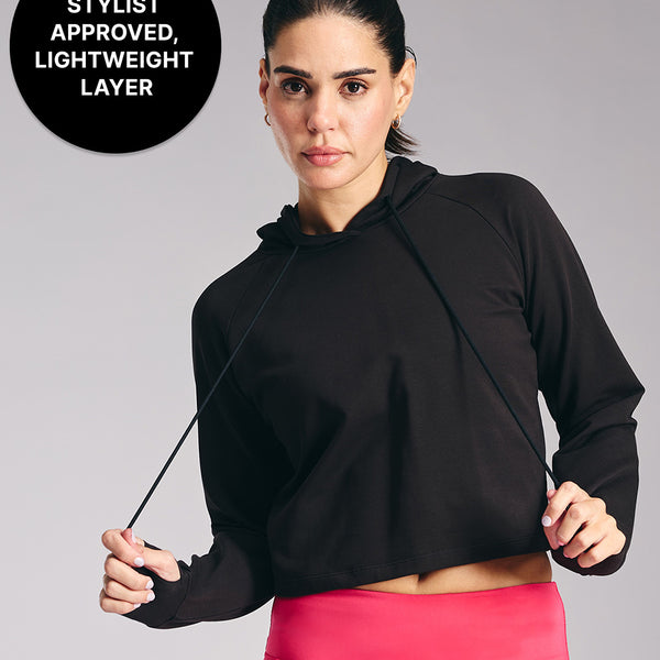 Kica KIC605 Black Cropped Hoodie - In Cotton Terry Fabric