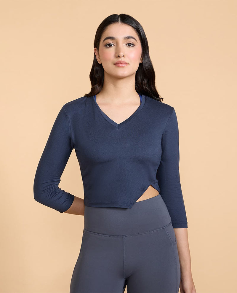 Full Sleeves Crop Top in Feather Feel Fabric Grey