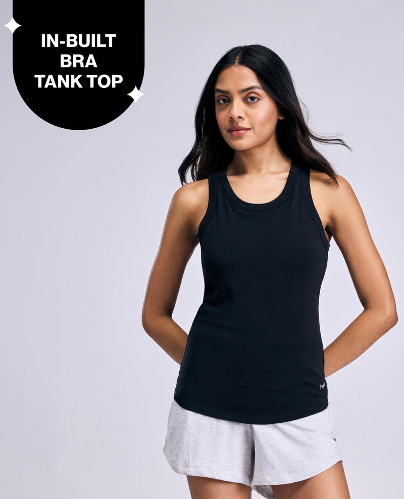 Inbuilt Bra Tank top in Cotton Stretch Rib NYAT512 Black