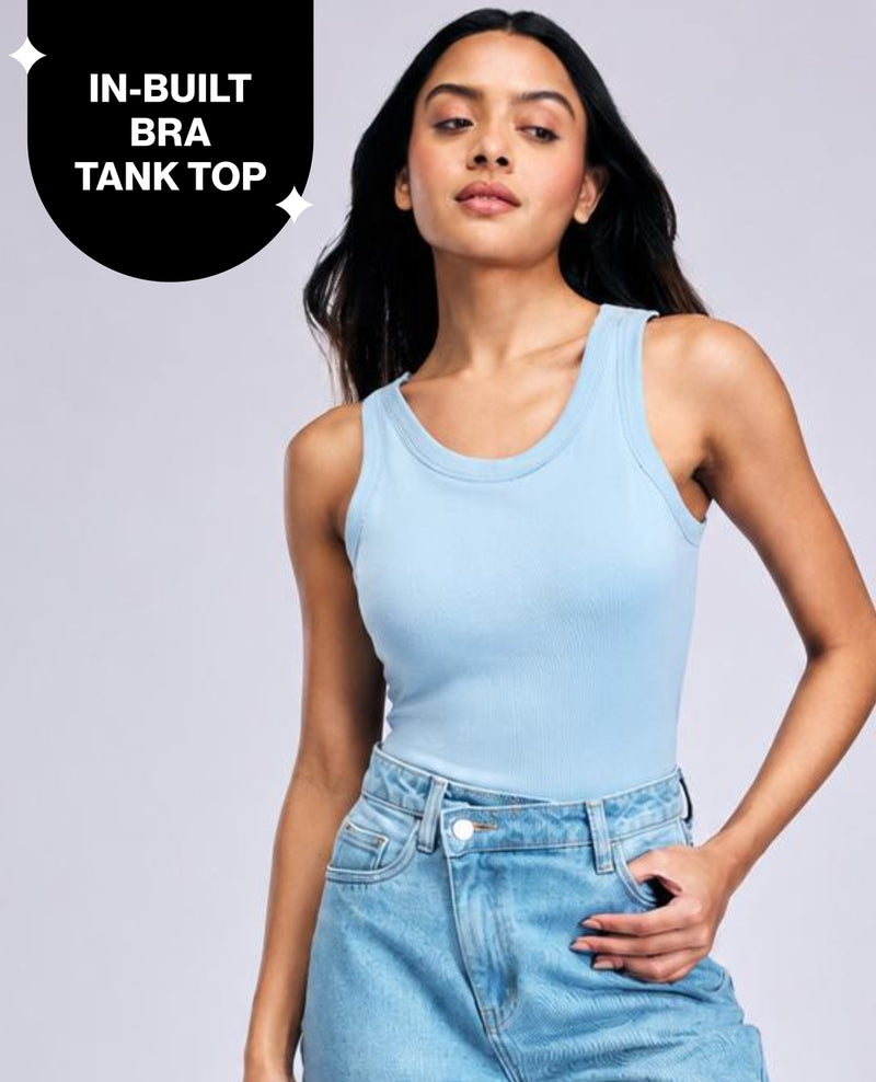 Inbuilt Bra Tank top in Cotton Stretch Rib NYAT512 Blue